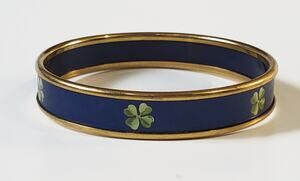 Halcyon Days Hand Painted Clover On Navy Enamel 18k Plated Bangle Bracelet
